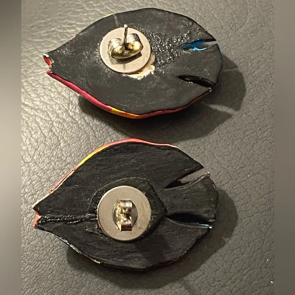 Vintage Colorful Wooden Hand Crafted Earrings Pierced Tropical Fish Design